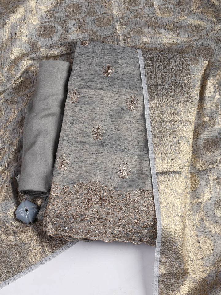 Embroidered Chanderi Unstitched Suit Piece With Dupatta