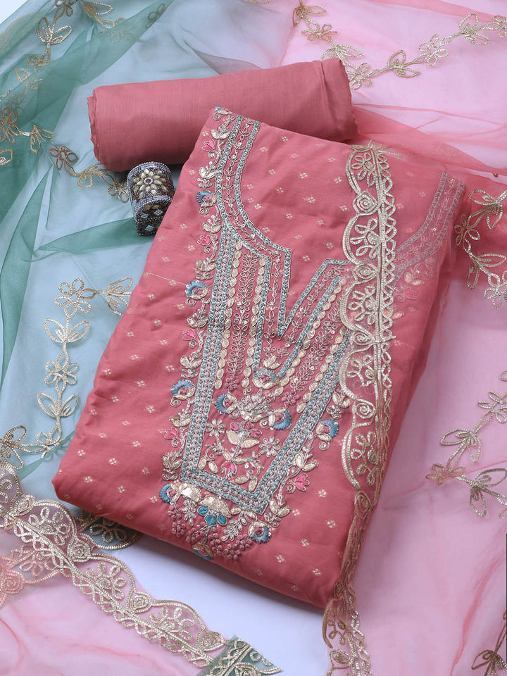 Neck Embroidery Chanderi Unstitched Suit With Dupatta