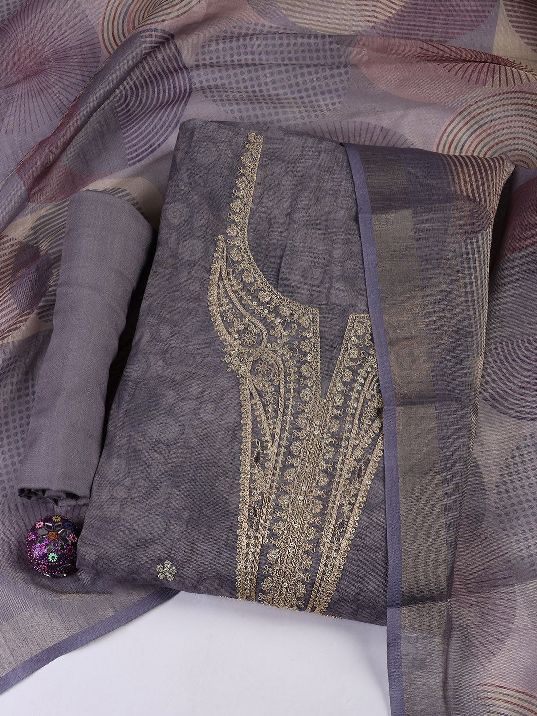 Neck Embroidery Chanderi Unstitched Suit With Dupatta