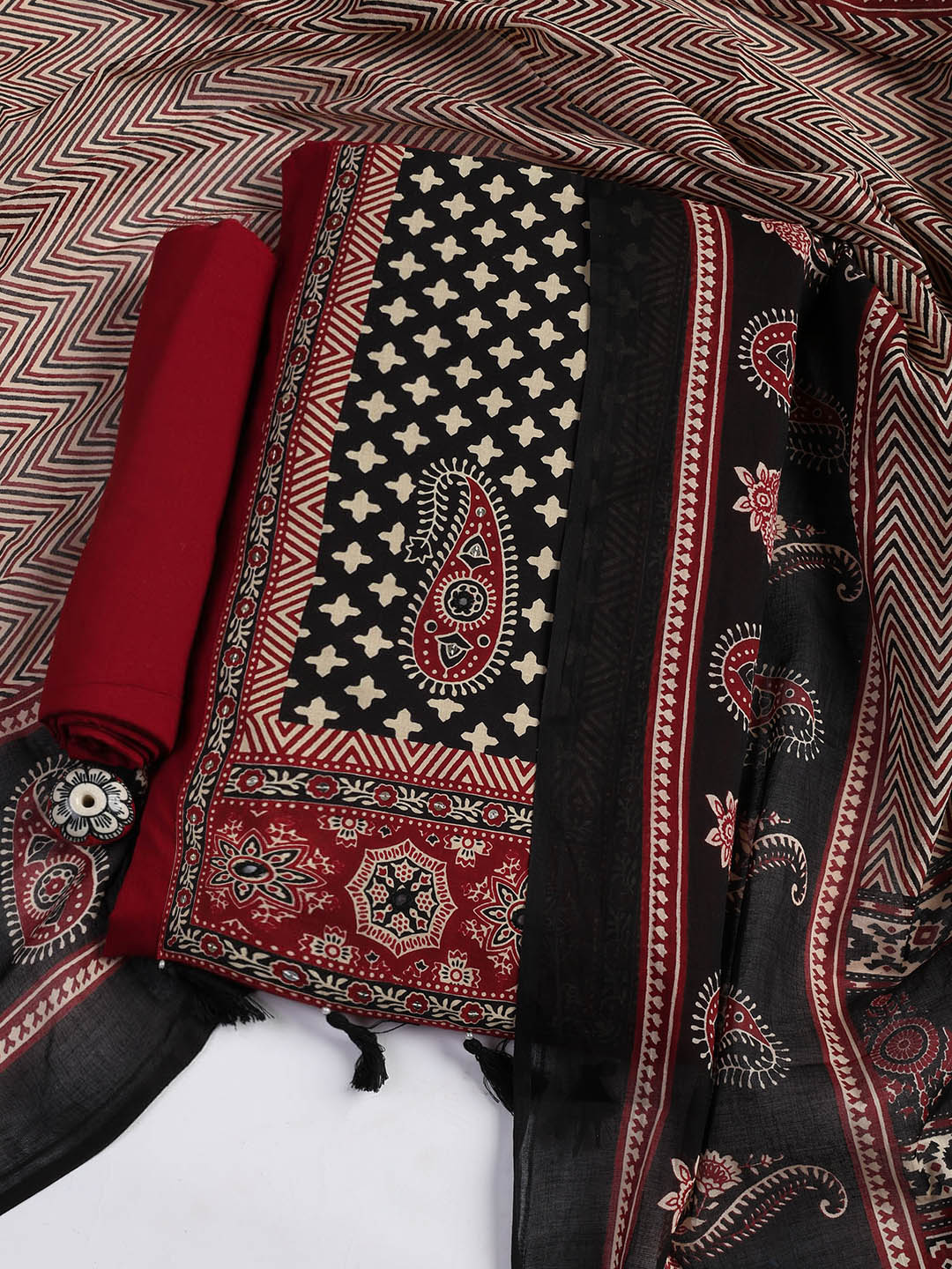Patch Neck Cotton Blend Unstitched Suit With Dupatta
