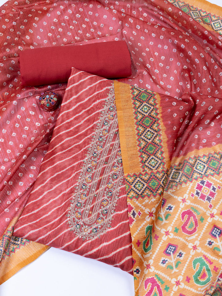 Neck Embroidered Chanderi Unstitched Suit With Dupatta