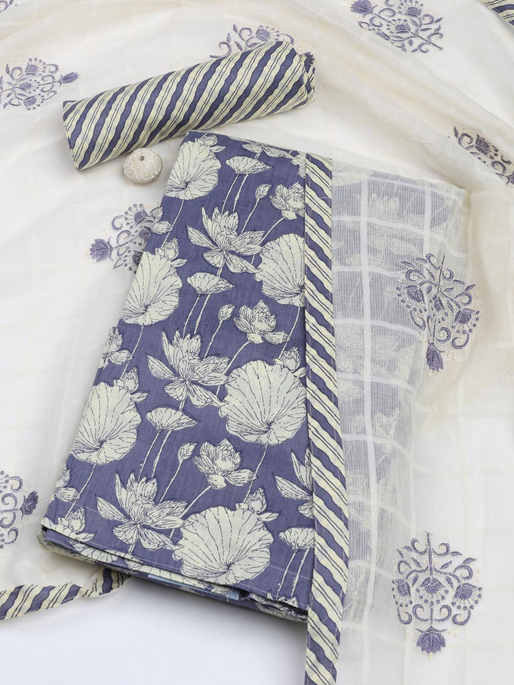 Printed Cotton Blend Unstitched Suit With Dupatta