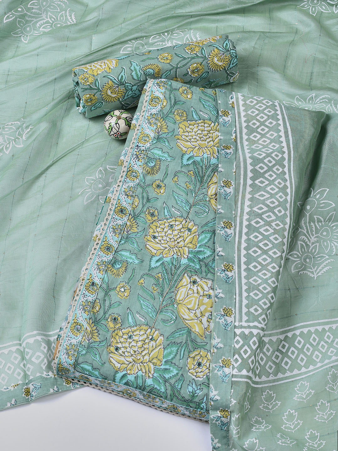 Printed Cotton Blend Unstitched Suit With Dupatta