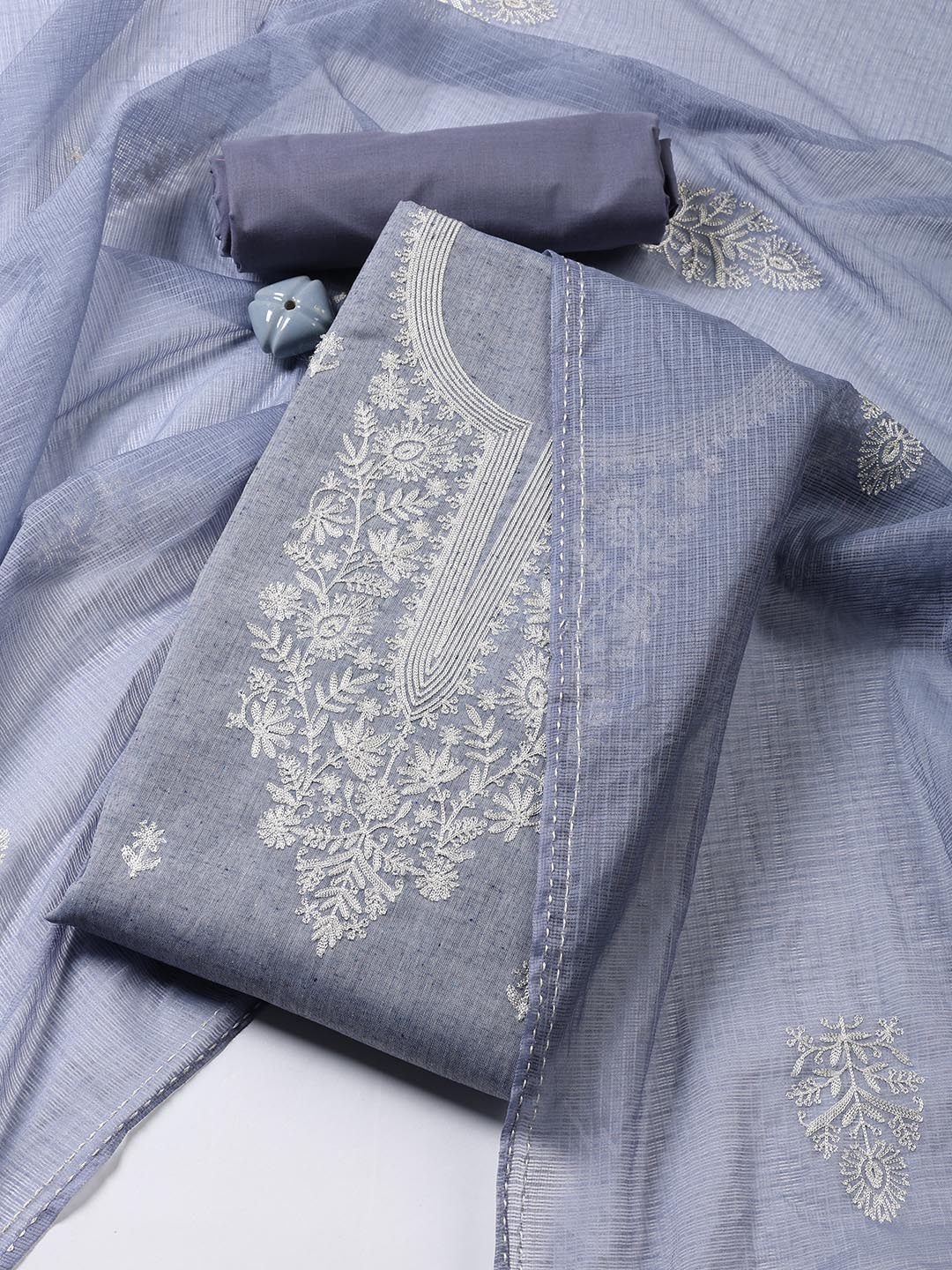 Neck Embroidered Cotton Blend Unstitched Suit Piece With Dupatta