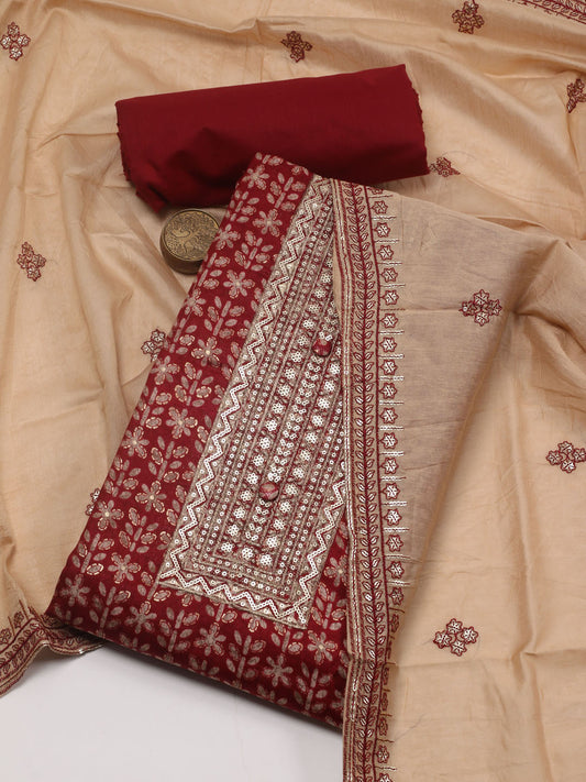 Neck Embroidered Cotton Blend Unstitched Suit Piece With Dupatta