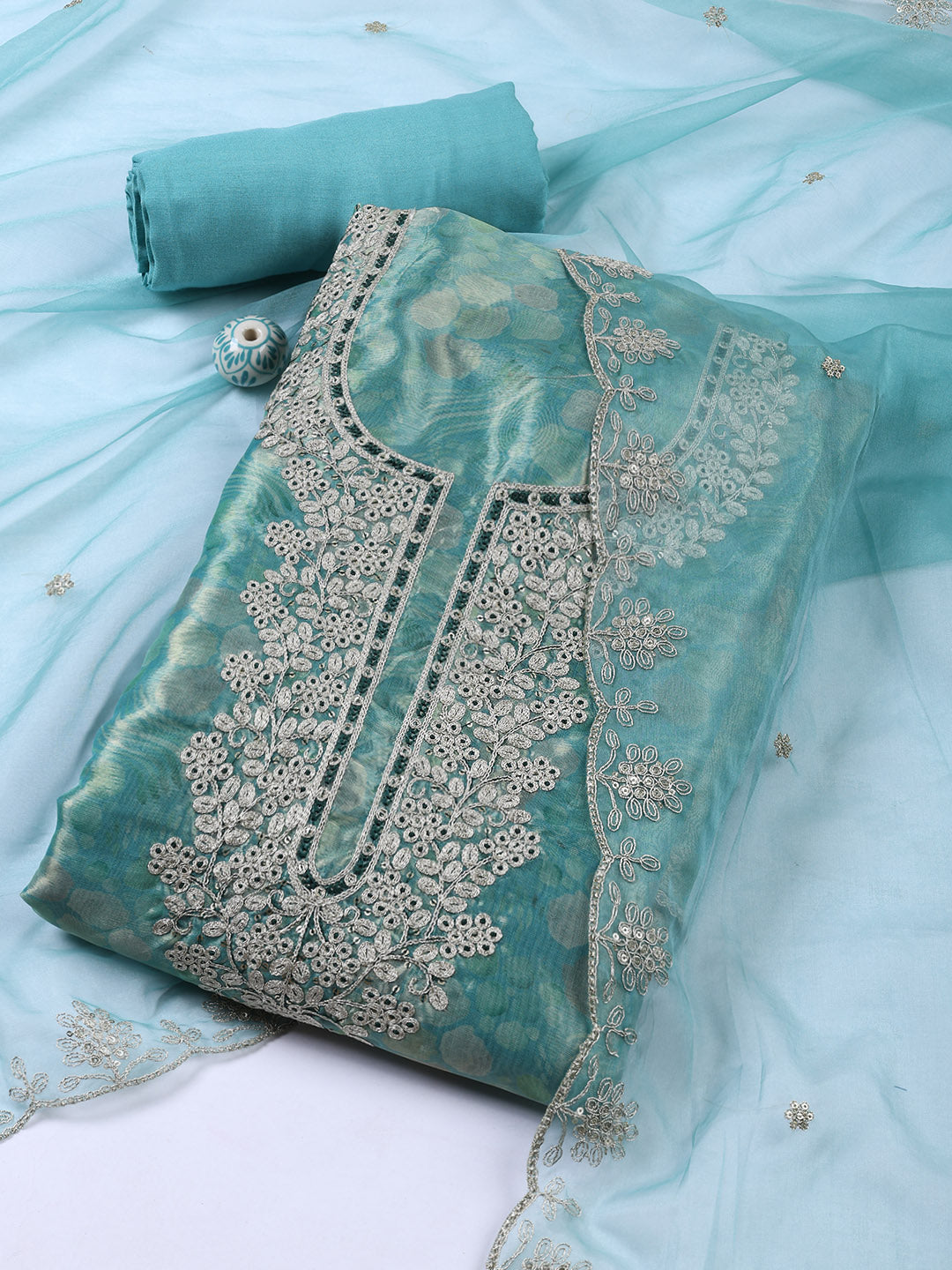 Neck Zari Embroidery Tissue Unstitched Suit With Dupatta