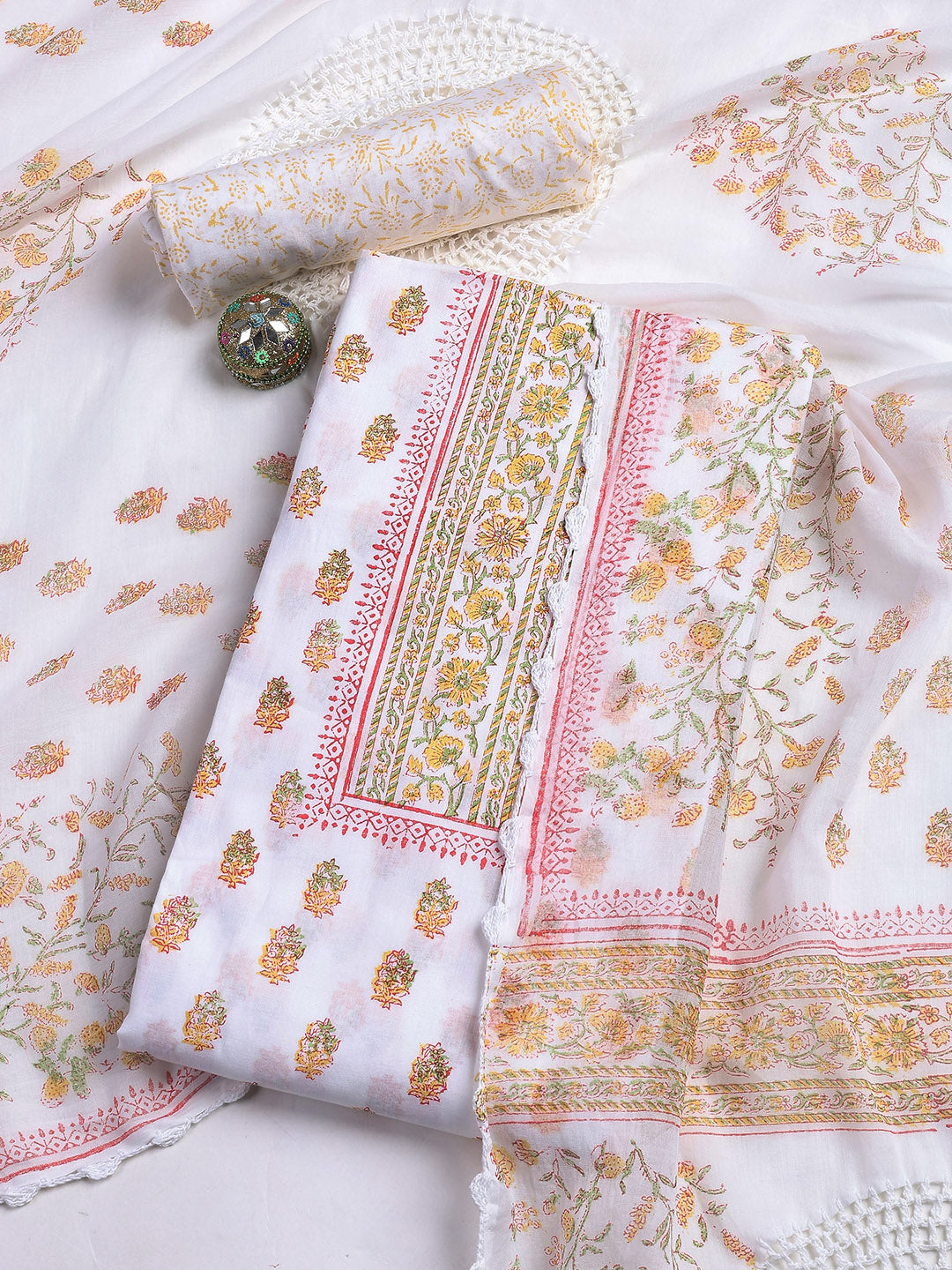 Printed Cotton Blend Unstitched Suit With Dupatta