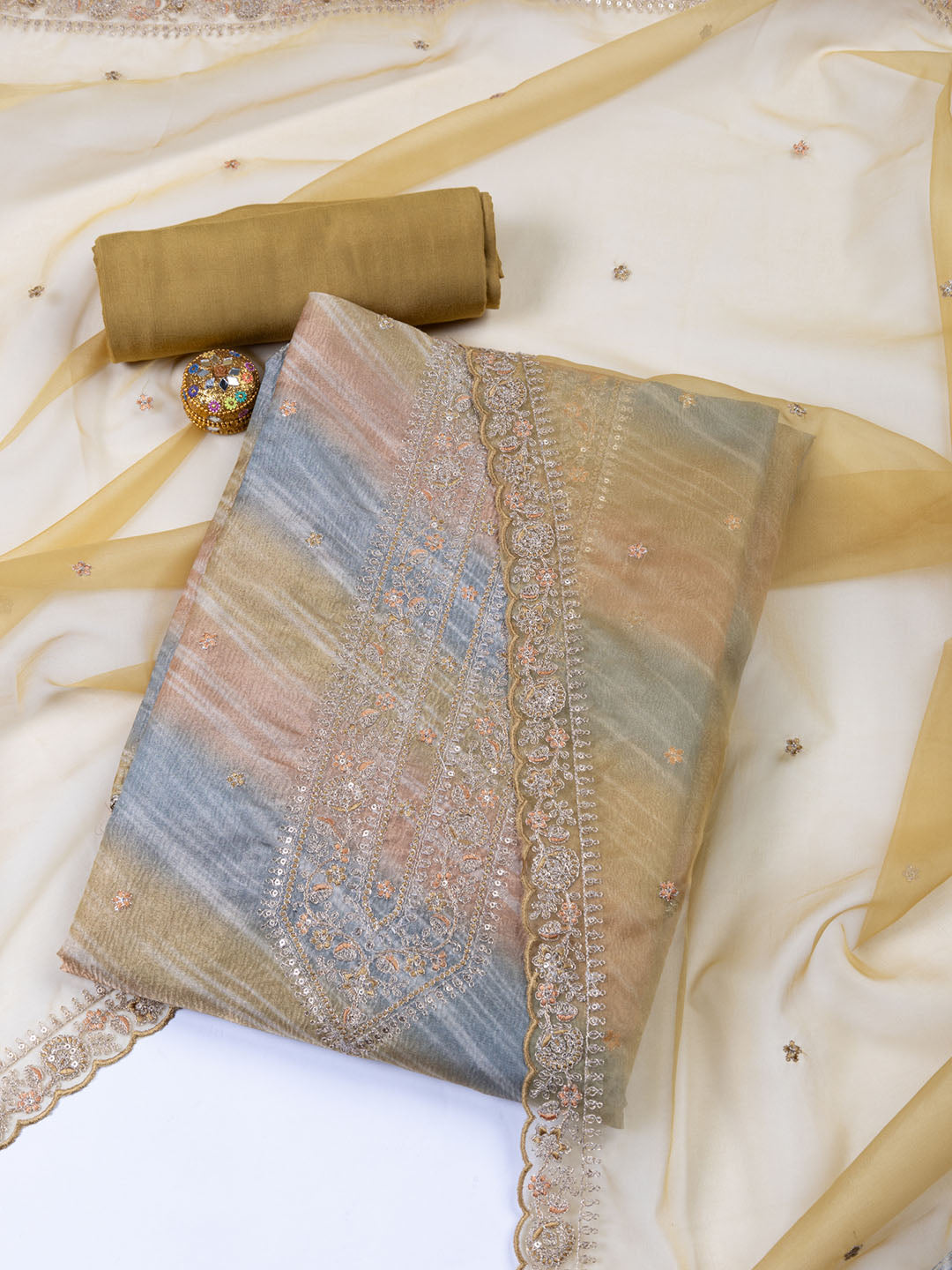 Neck Embroidery Tissue Unstitched Suit Piece With Dupatta