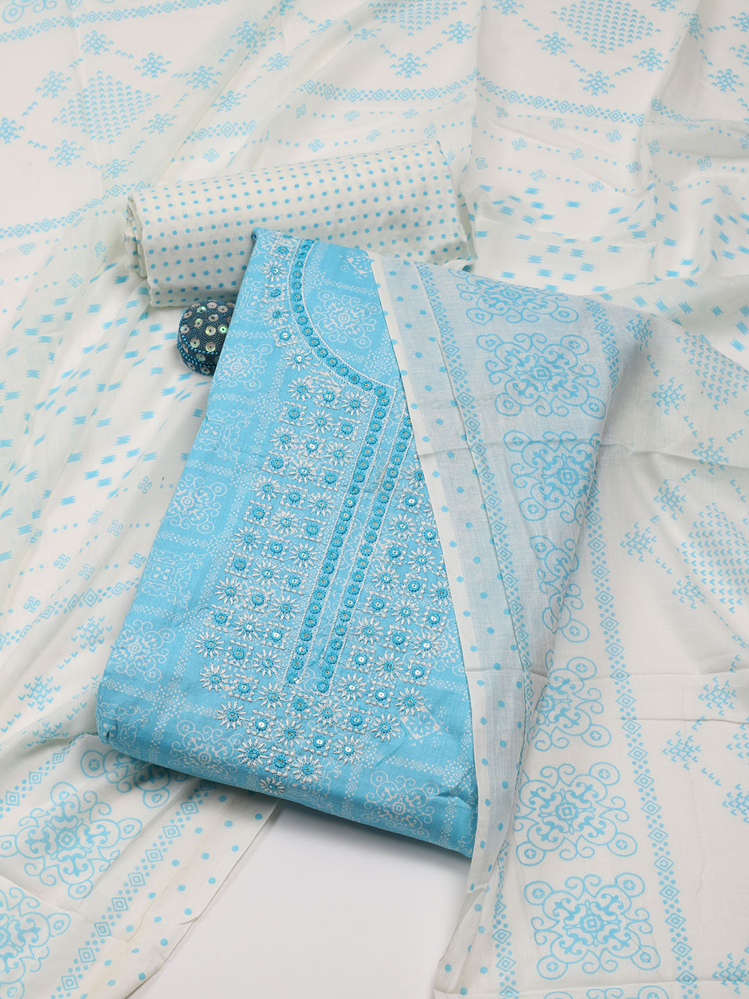 Neck Embroidered Cotton Blend Unstitched Suit Piece With Dupatta
