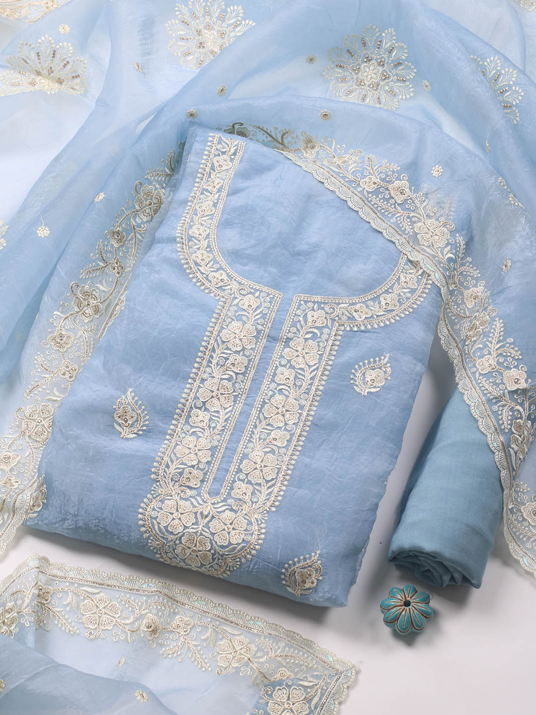 Neck Embroidery Organza Unstitched Suit Piece With Dupatta