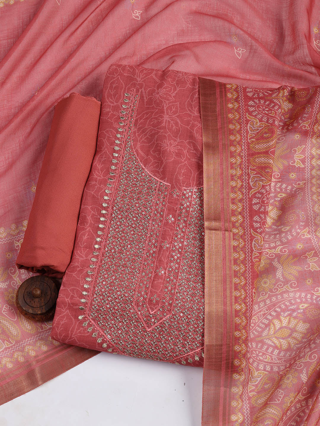 Neck Embroidered Cotton Blend Unstitched Suit With Dupatta