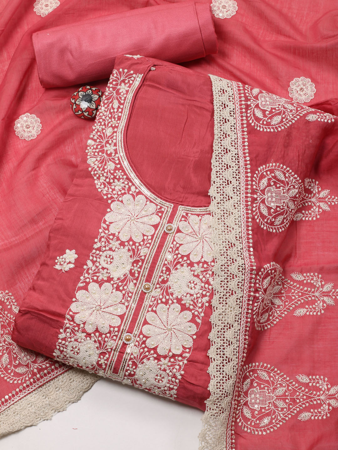 Thread Embroidery Cotton Blend Unstitched Suit With Dupatta