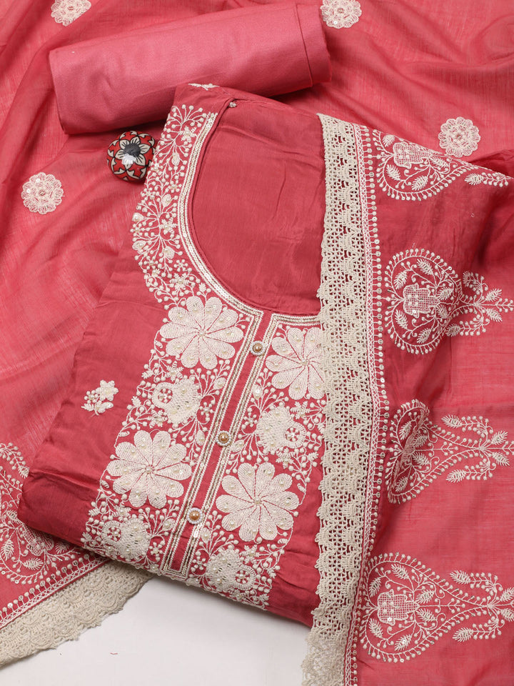 Thread Embroidery Cotton Blend Unstitched Suit With Dupatta