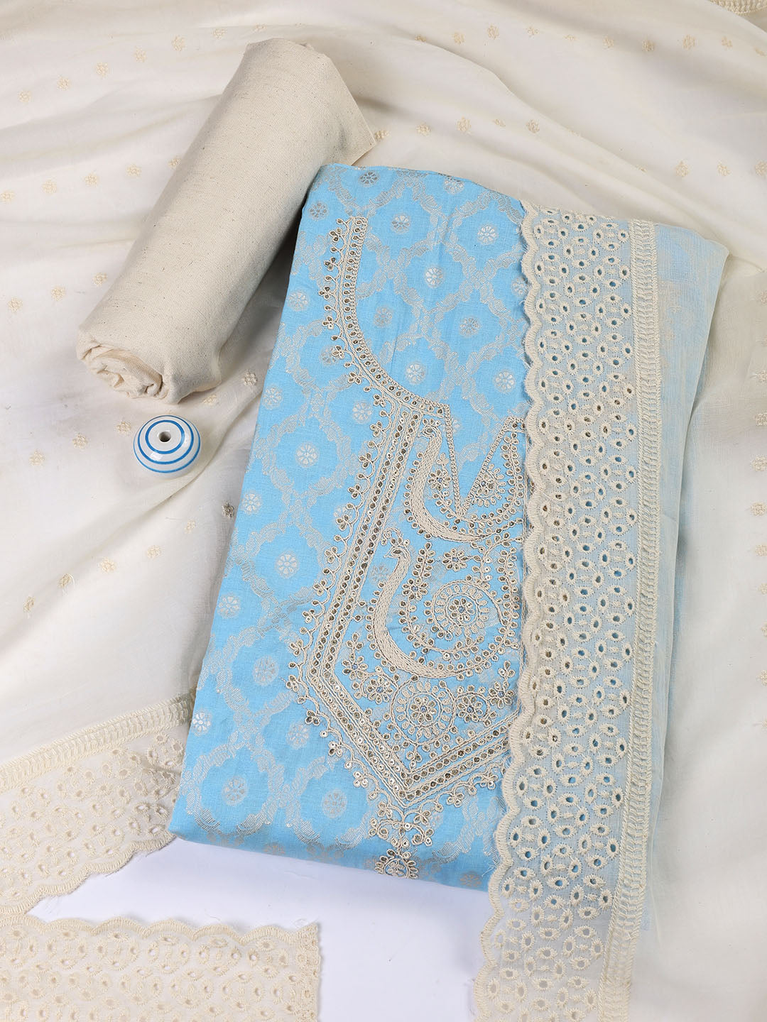 Woven Embroidered Cotton Blend Unstitched Suit With Dupatta