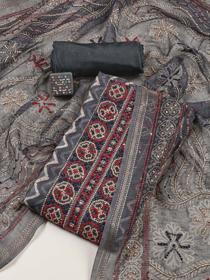 Yoke Embroidery Chanderi Unstitched Suit Piece With Dupatta