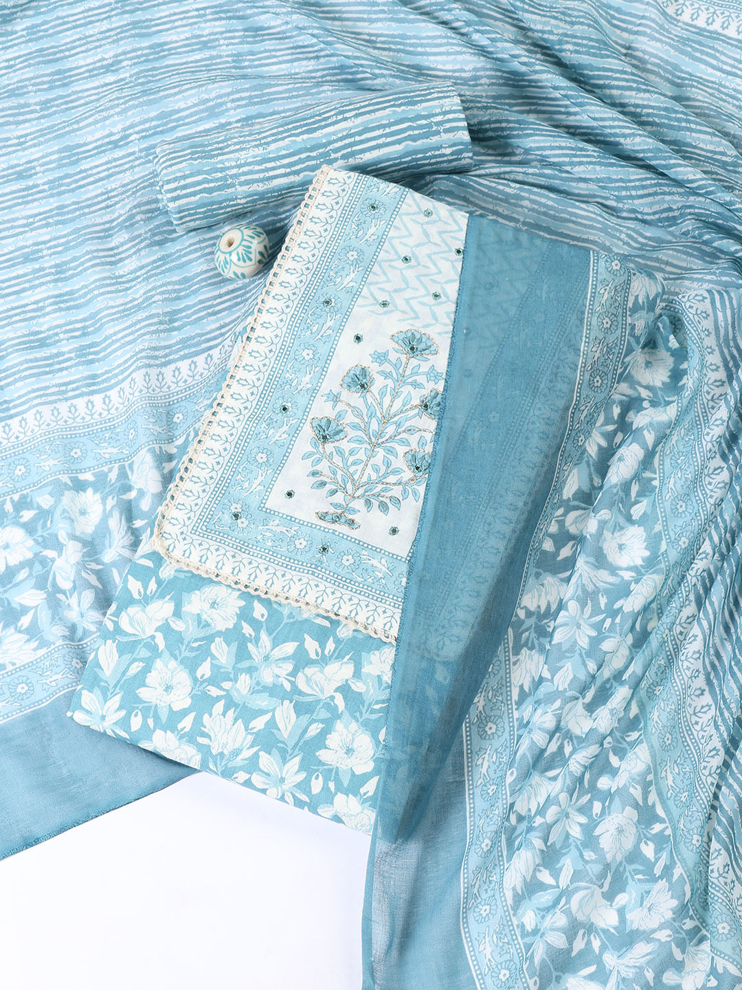 Printed Cotton Blend Unstitched Suit With Dupatta