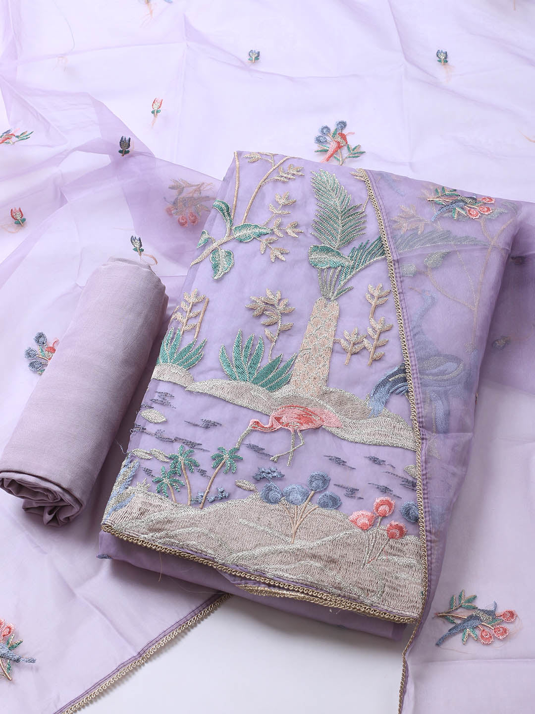Neck Embroidered Organza Unstitched Suit Piece With Dupatta