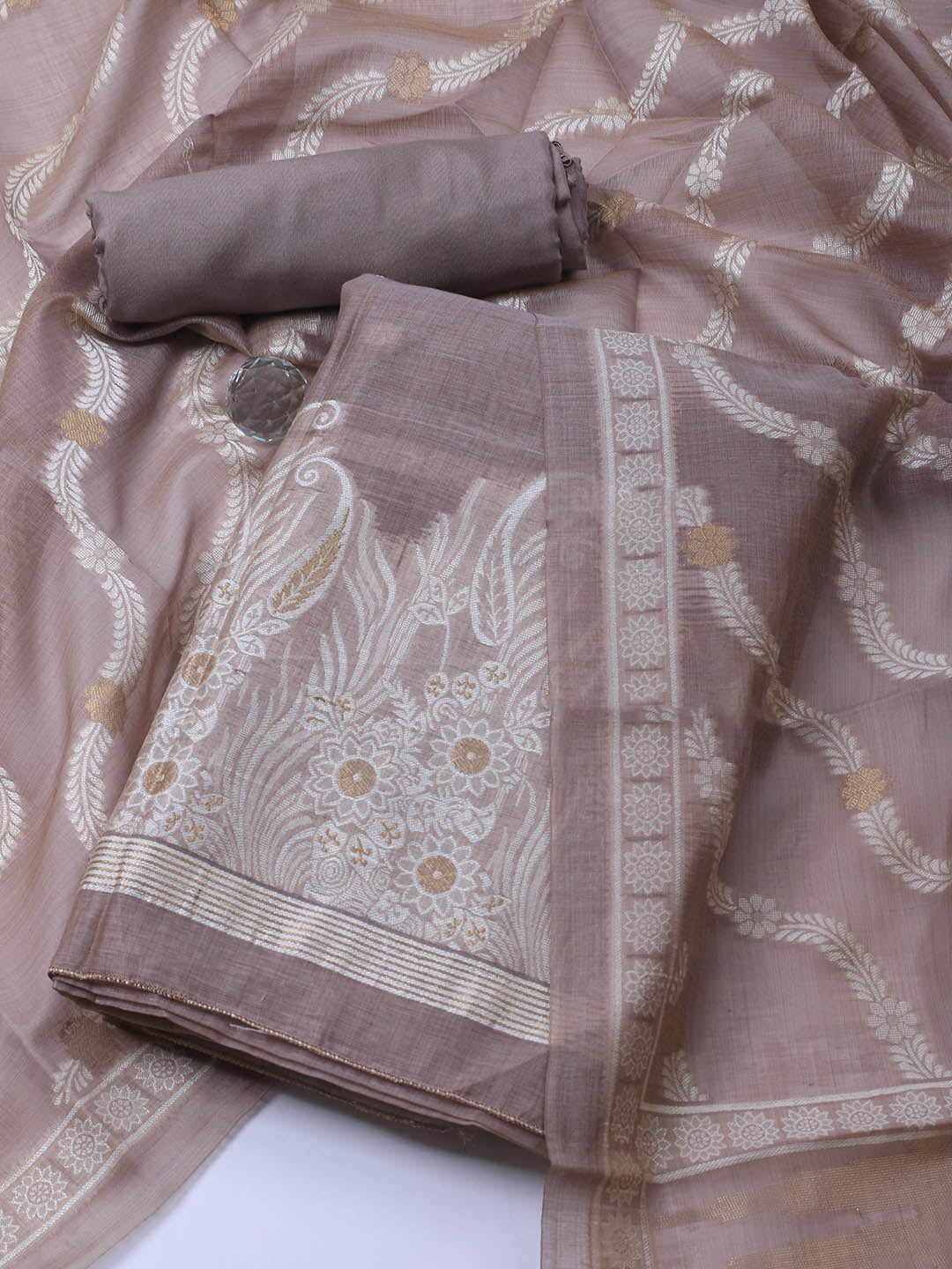Neck Embroidered Chanderi Unstitched Suit With Dupatta