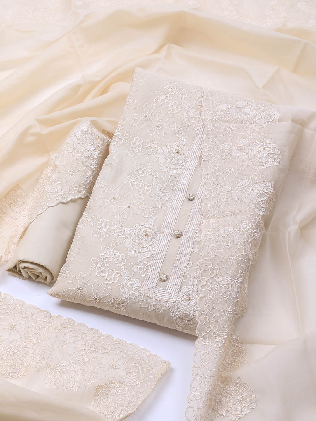 Embroidered Chanderi Unstitched Suit With Dupatta