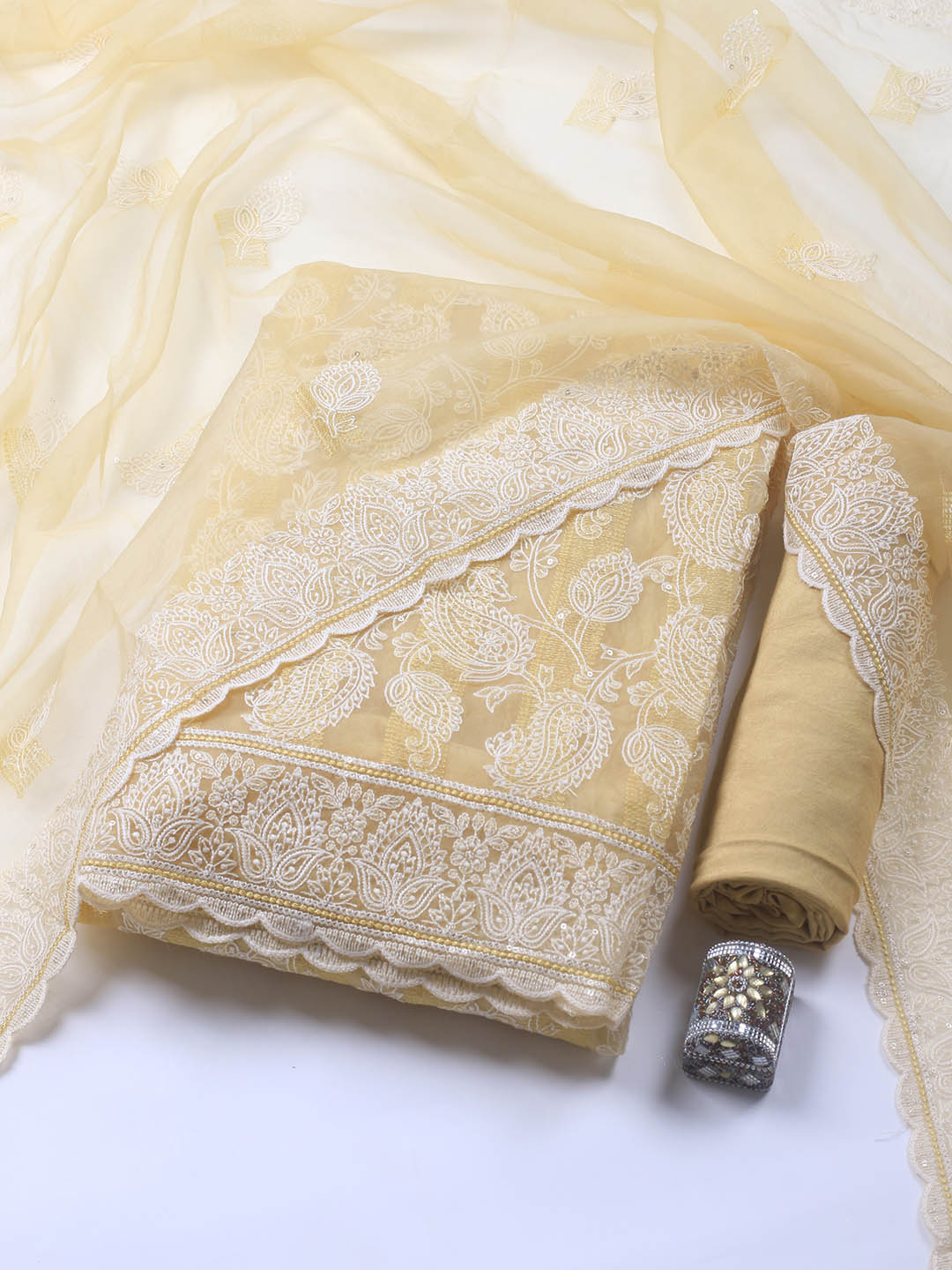 Thread Embroidery Organza Unstitched Suit Piece With Dupatta