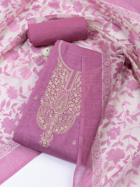 Neck Embroidered Cotton Blend Unstitched Suit With Dupatta