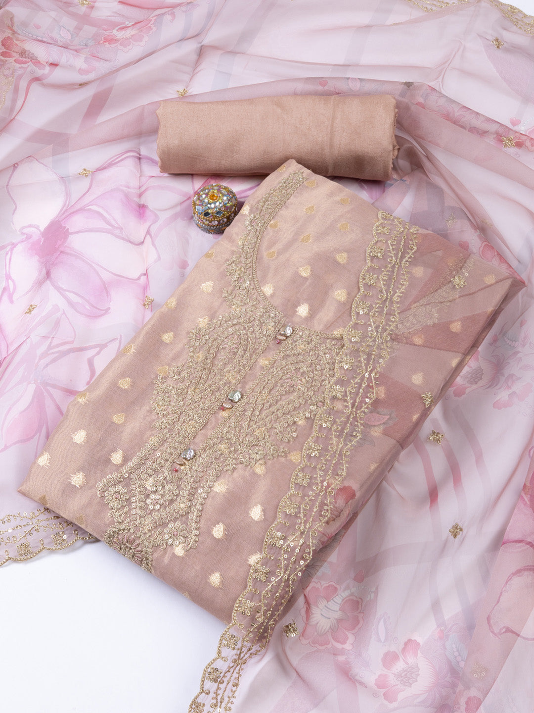 Neck Embroidered Tissue Unstitched Suit Piece With Dupatta
