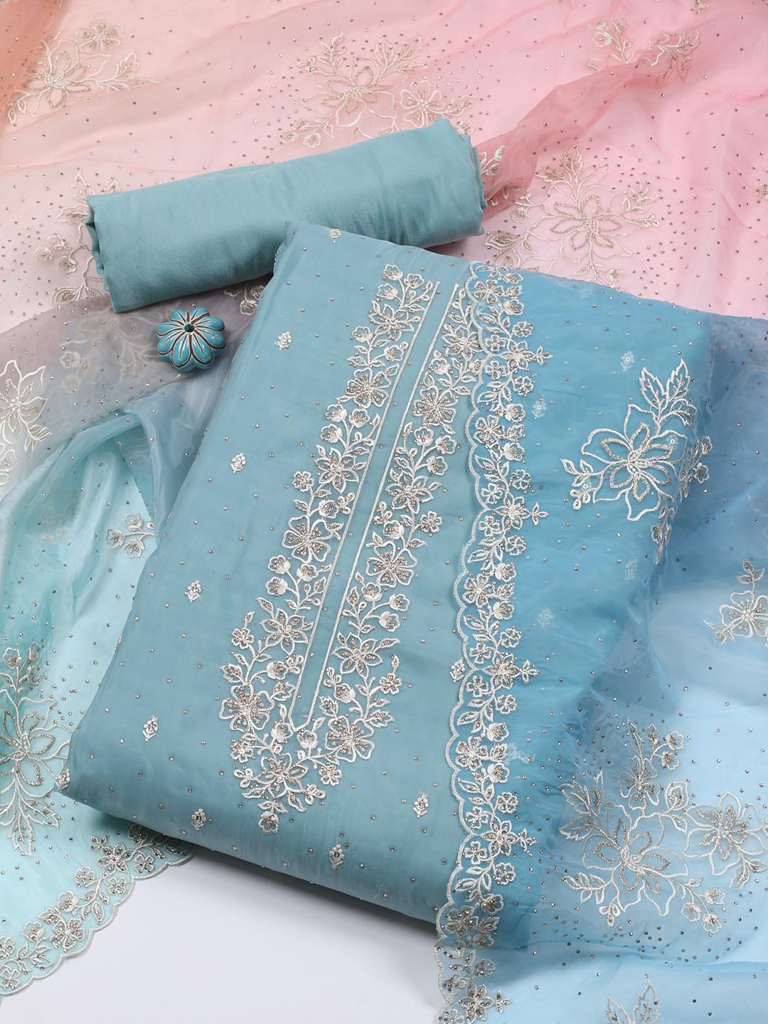 Neck Embroidery Organza Unstitched Suit Piece With Dupatta
