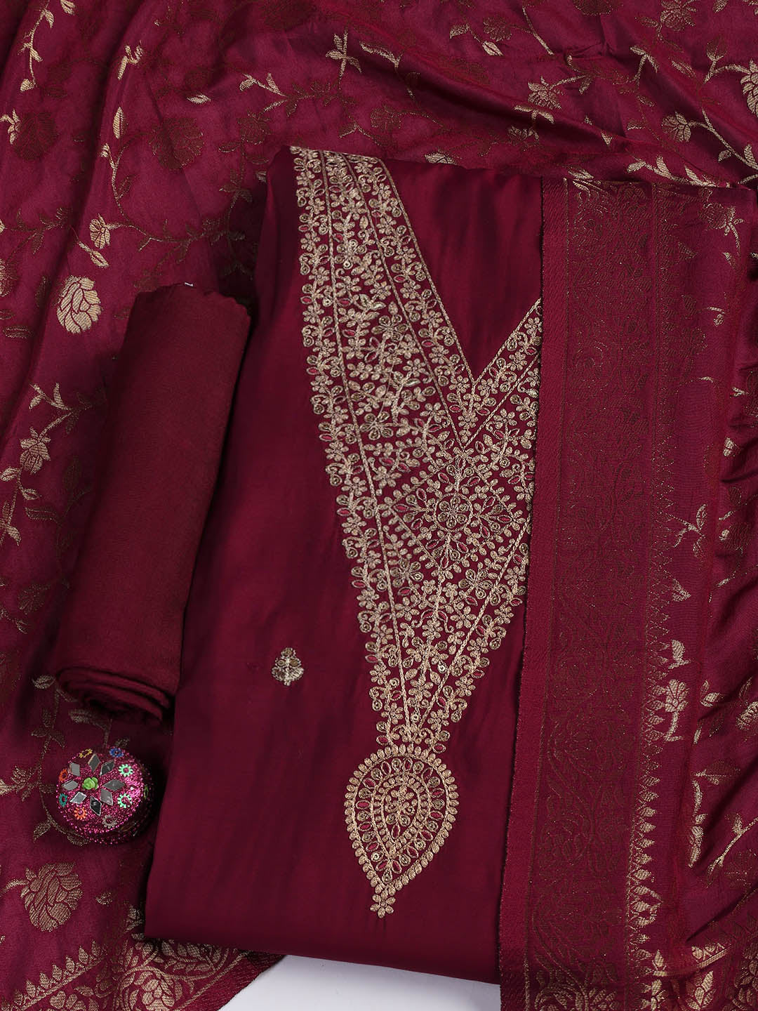 Embroidered Chanderi Unstitched Suit Piece With Dupatta