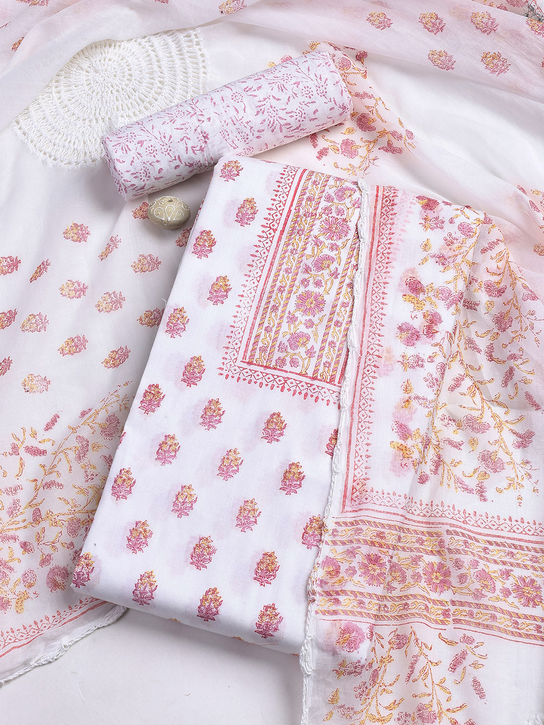 Printed Cotton Blend Unstitched Suit With Dupatta