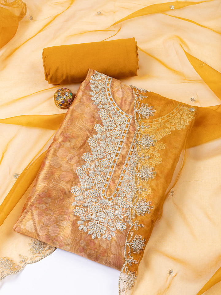 Neck Zari Embroidery Tissue Unstitched Suit With Dupatta