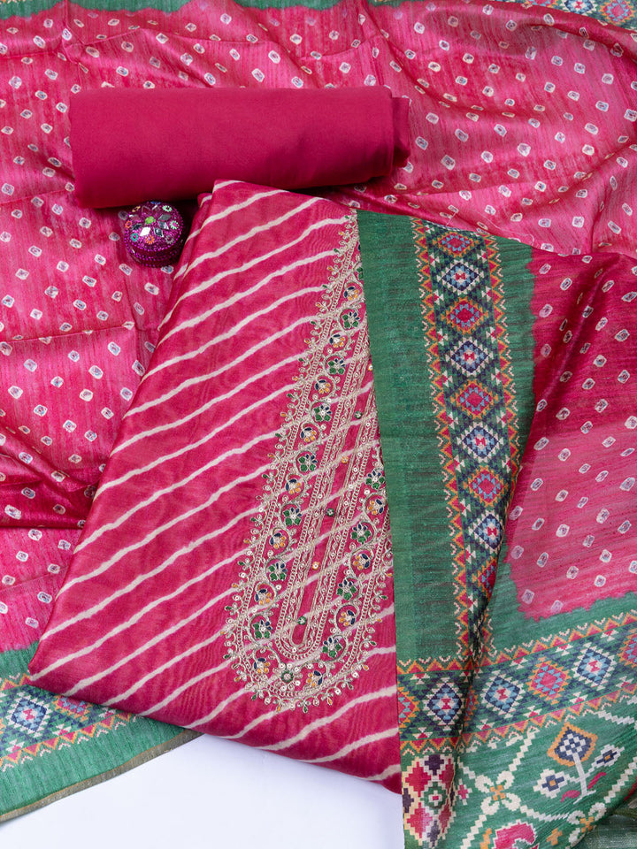Neck Embroidered Chanderi Unstitched Suit With Dupatta