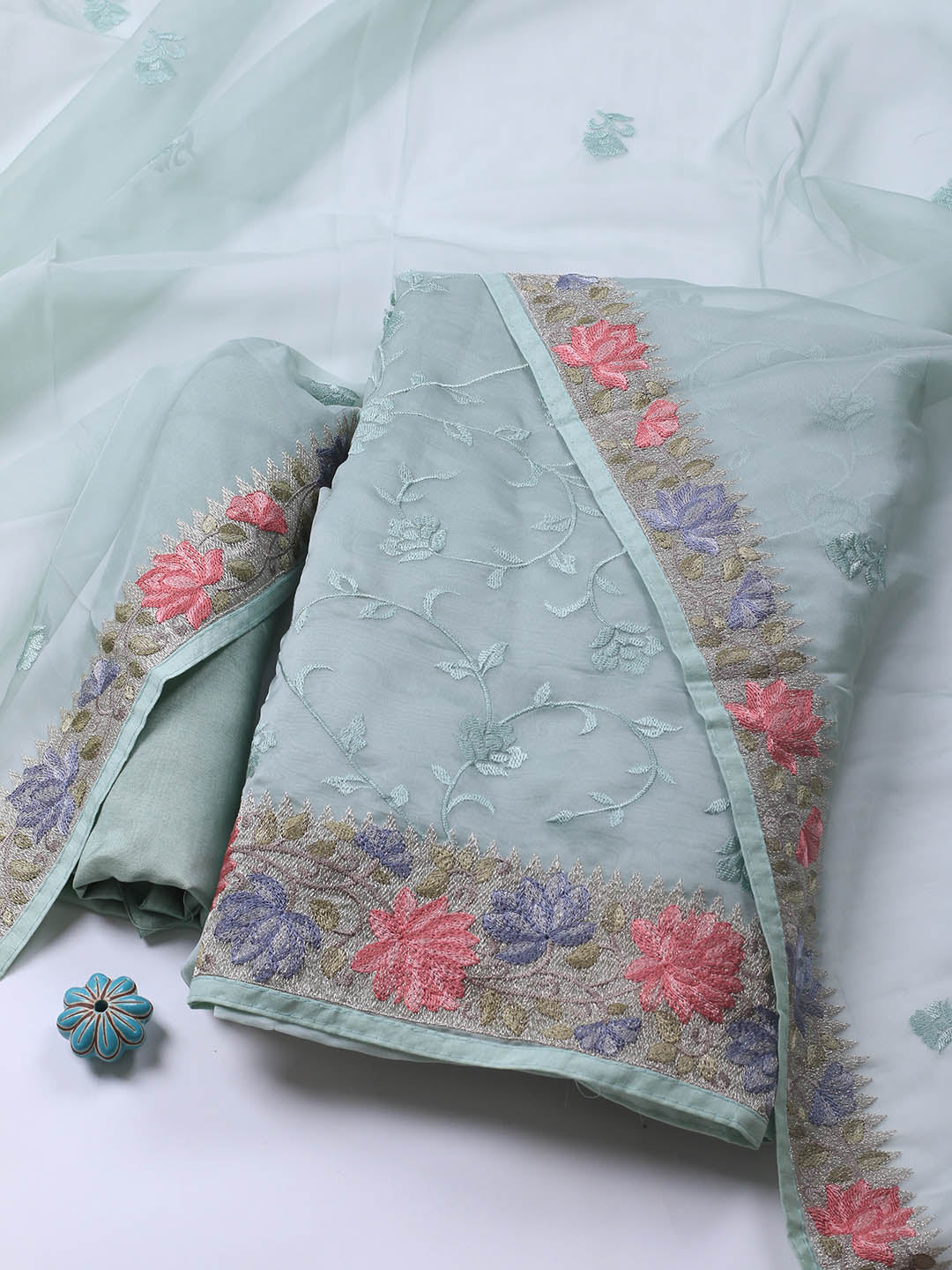 Neck Embroidery Organza Unstitched Suit Piece With Dupatta