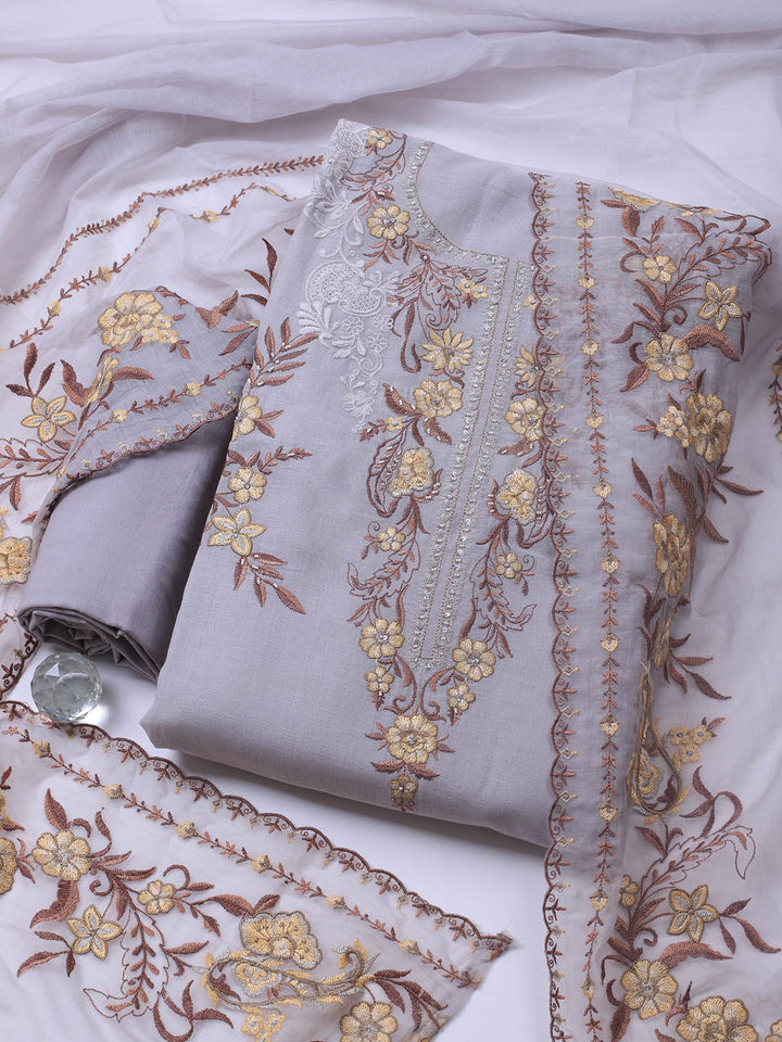 Embroidery Linen Unstitched Suit With Dupatta