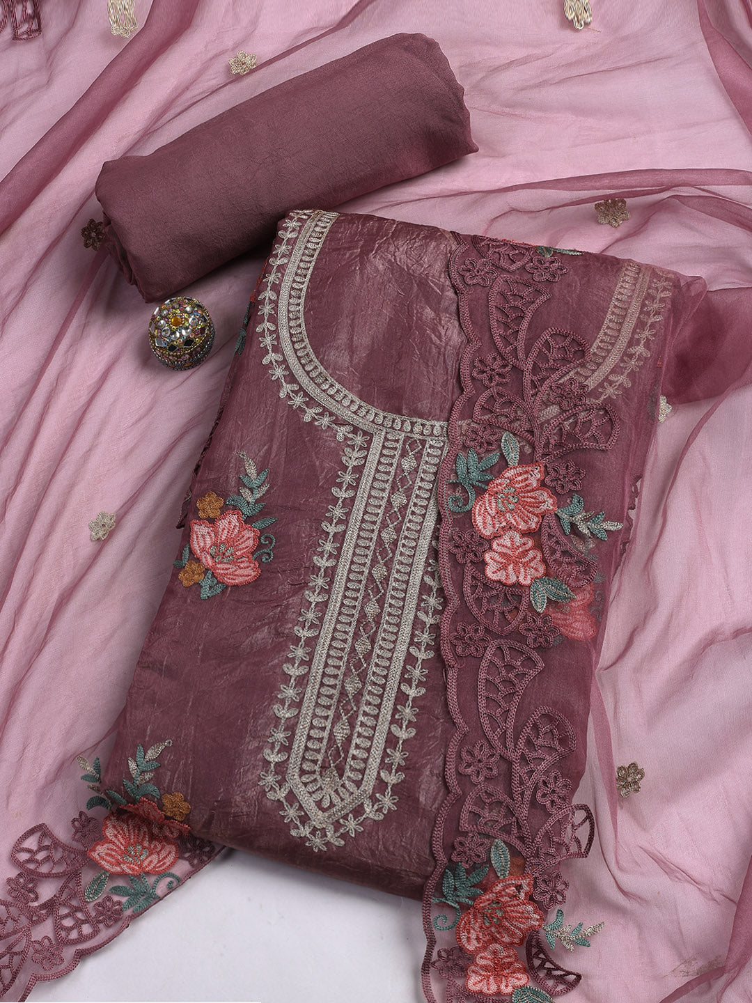 Neck Embroidery Organza Unstitched Suit Piece With Dupatta