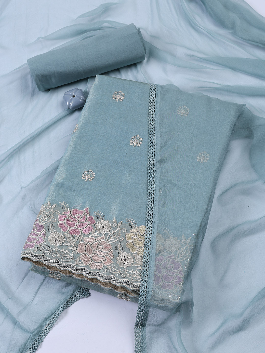 Embroidered Tissue Unstitched Suit Piece With Dupatta