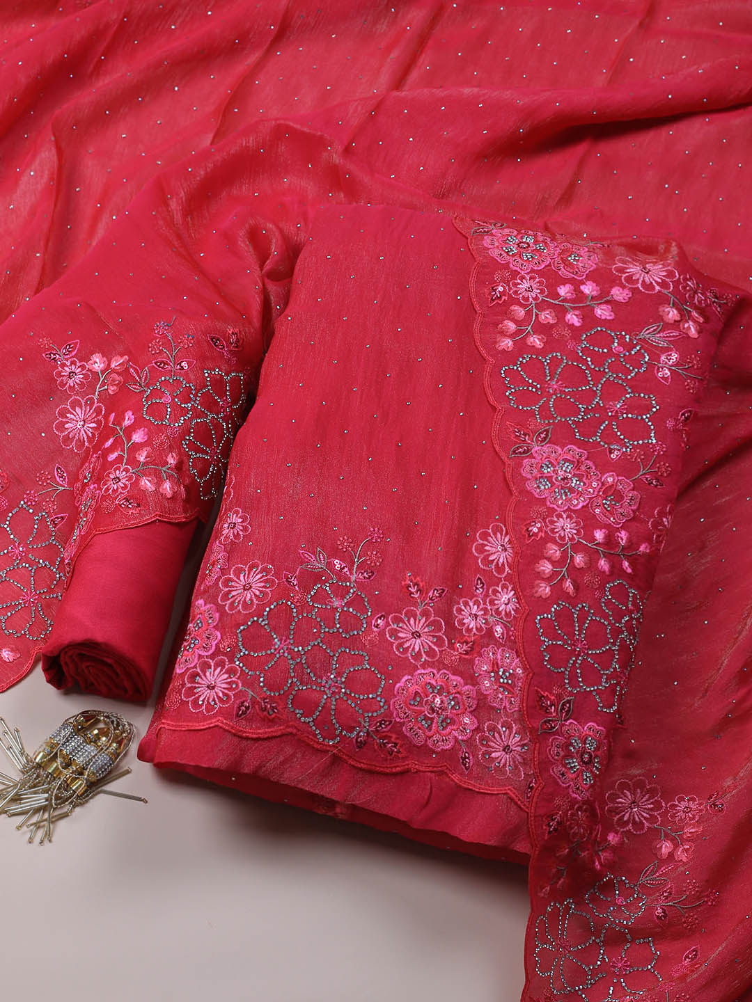 Embroidered Chinon Unstitched Suit With Dupatta
