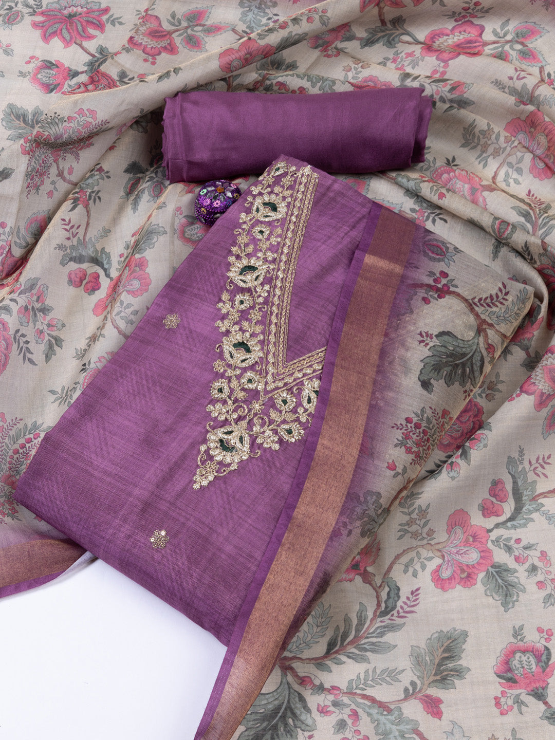 Neck Embroidered Chanderi Unstitched Suit With Dupatta