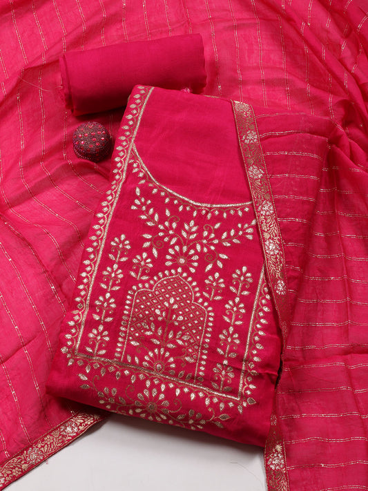 Neck Embroidered Chanderi Unstitched Suit Piece With Dupatta