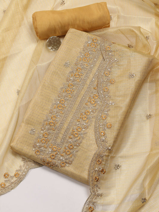 Neck Embroidered Chanderi Unstitched Suit Piece With Dupatta