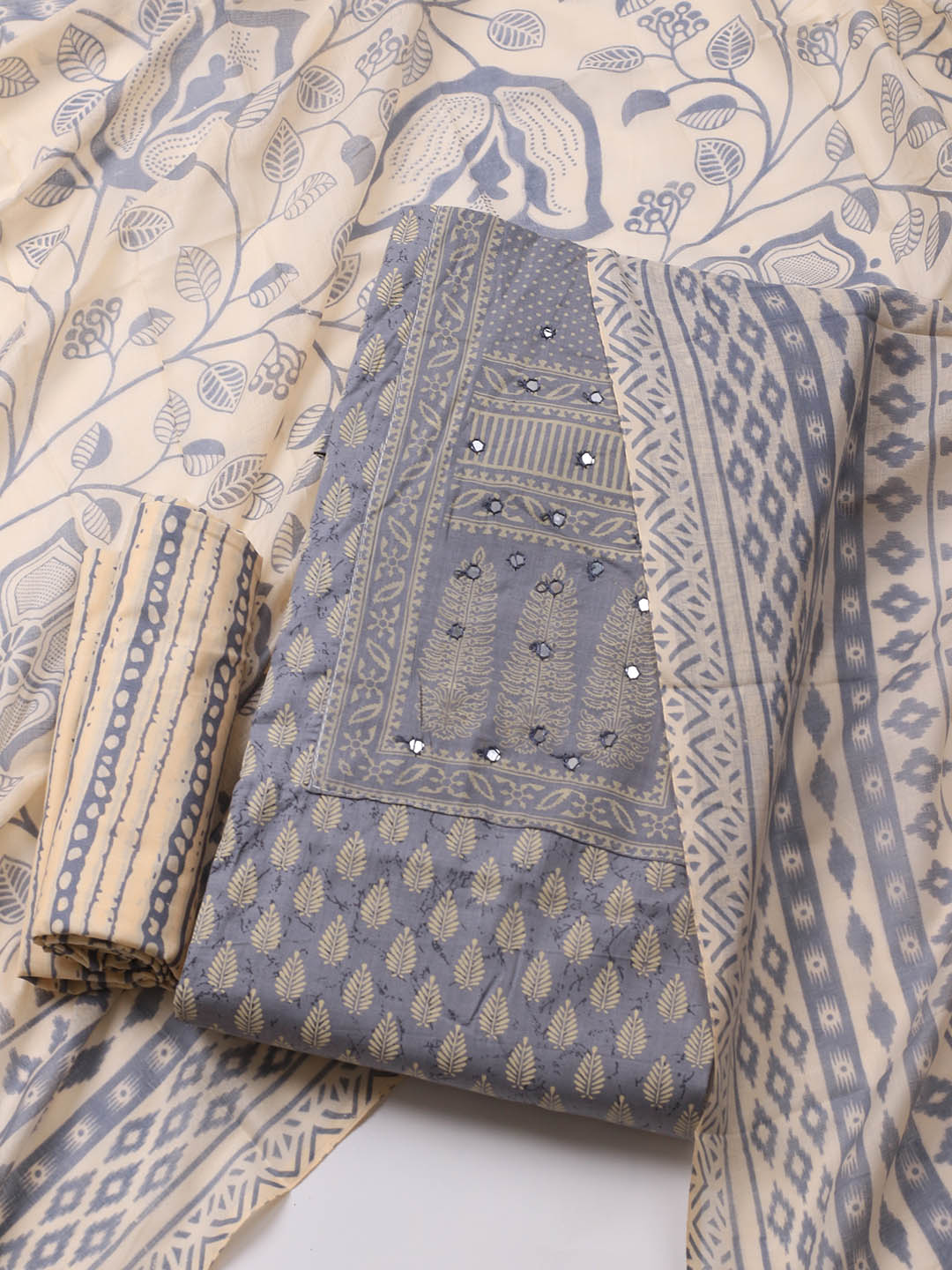 Printed Cotton Blend Unstitched Suit With Dupatta