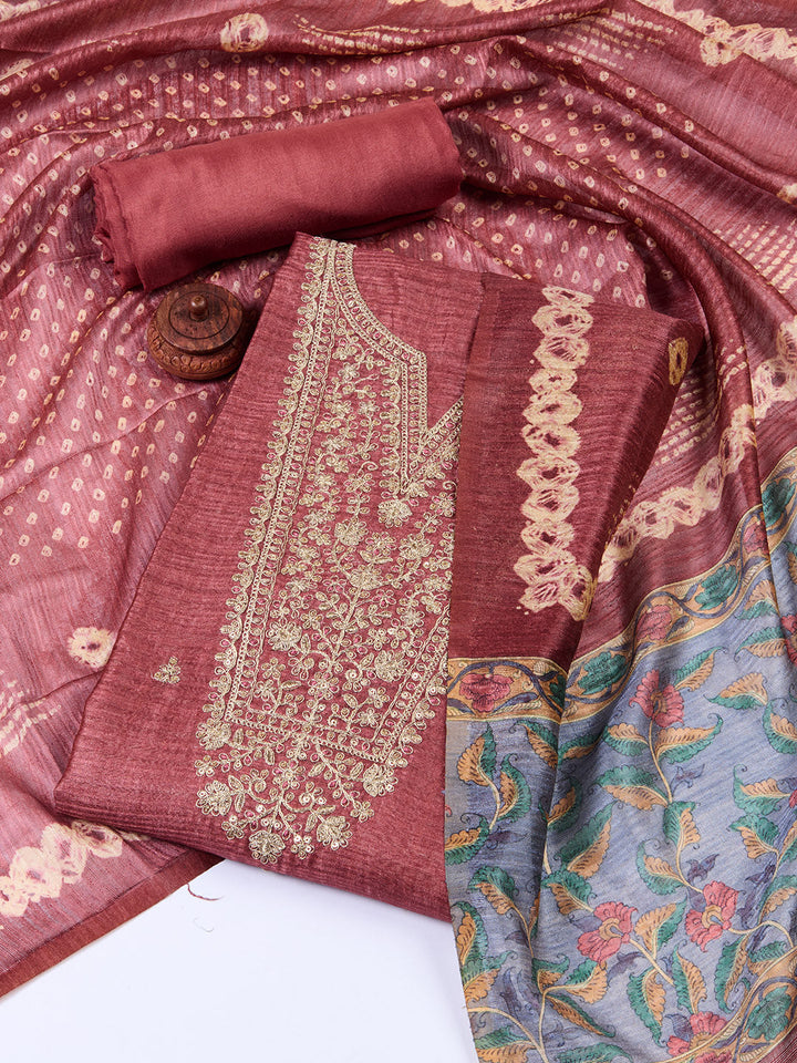 Neck Embroidered Tussar Unstitched Suit Piece With Dupatta
