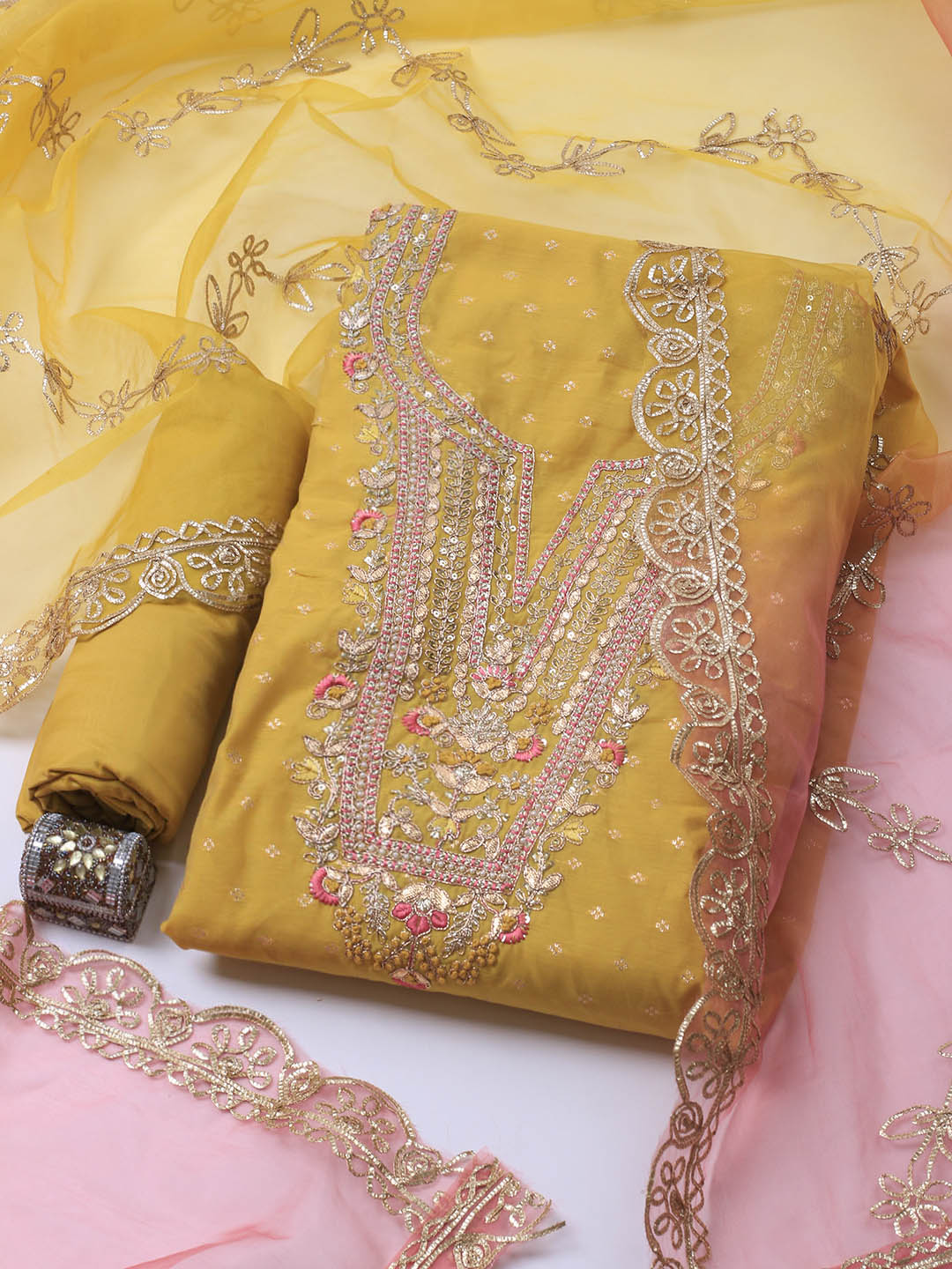 Neck Embroidery Chanderi Unstitched Suit With Dupatta