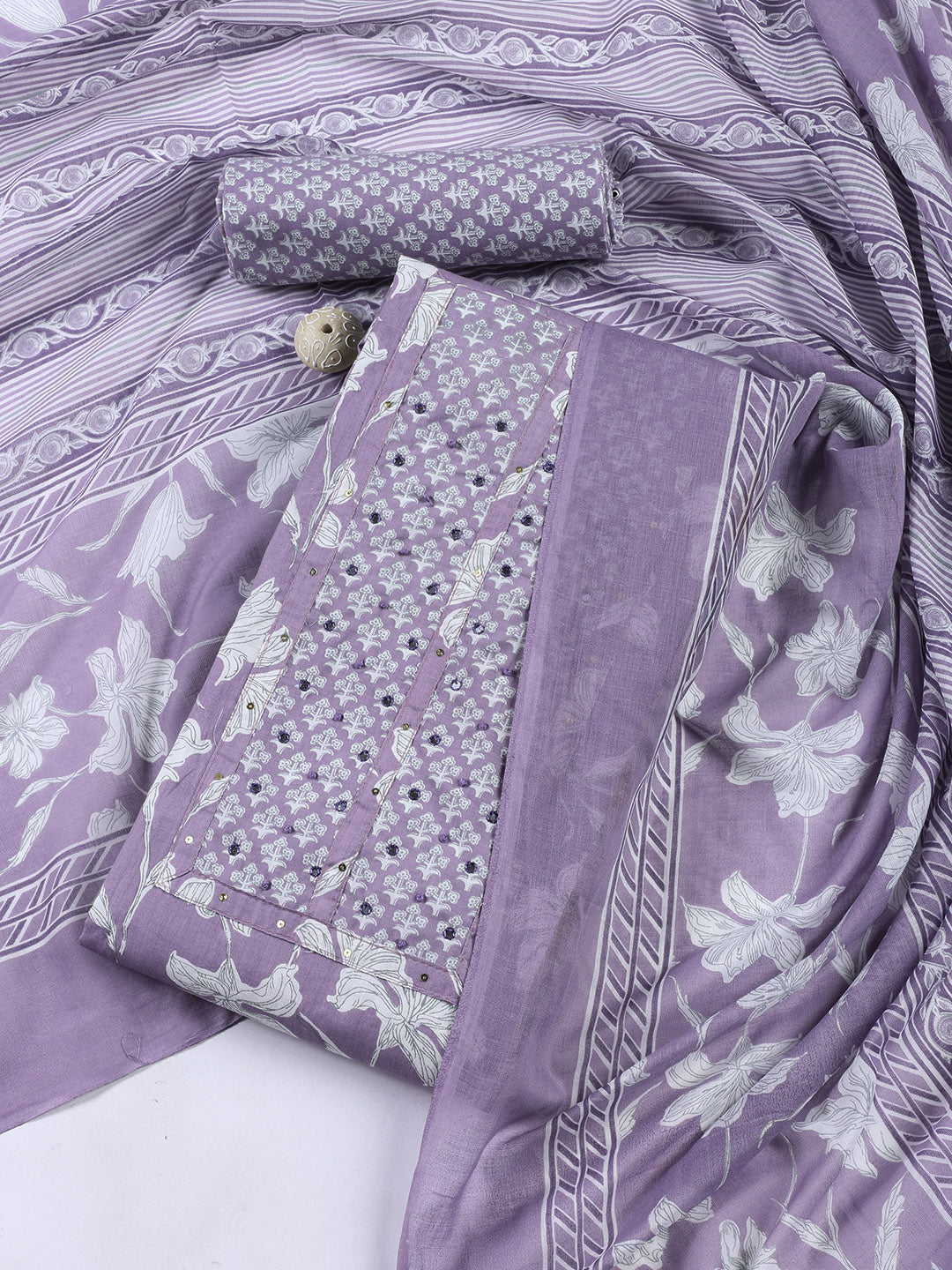 Neck Patti Cotton Blend Unstitched Suit With Dupatta