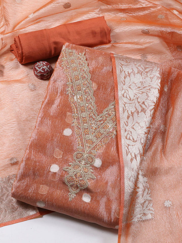 Neck Embroidered Tissue Unstitched Suit Piece With Dupatta