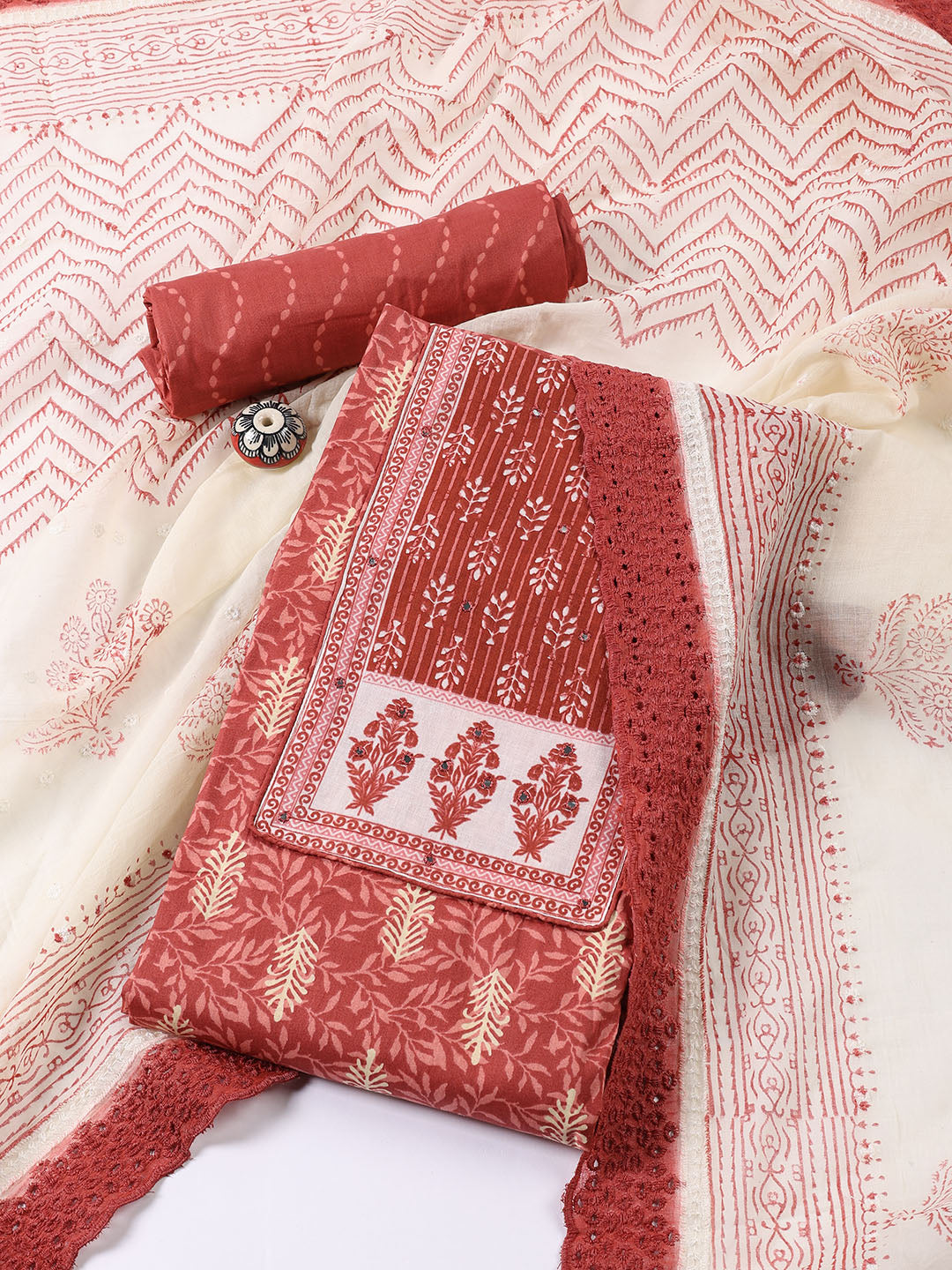 Neck Embroidered Cotton Blend Unstitched Suit With Dupatta