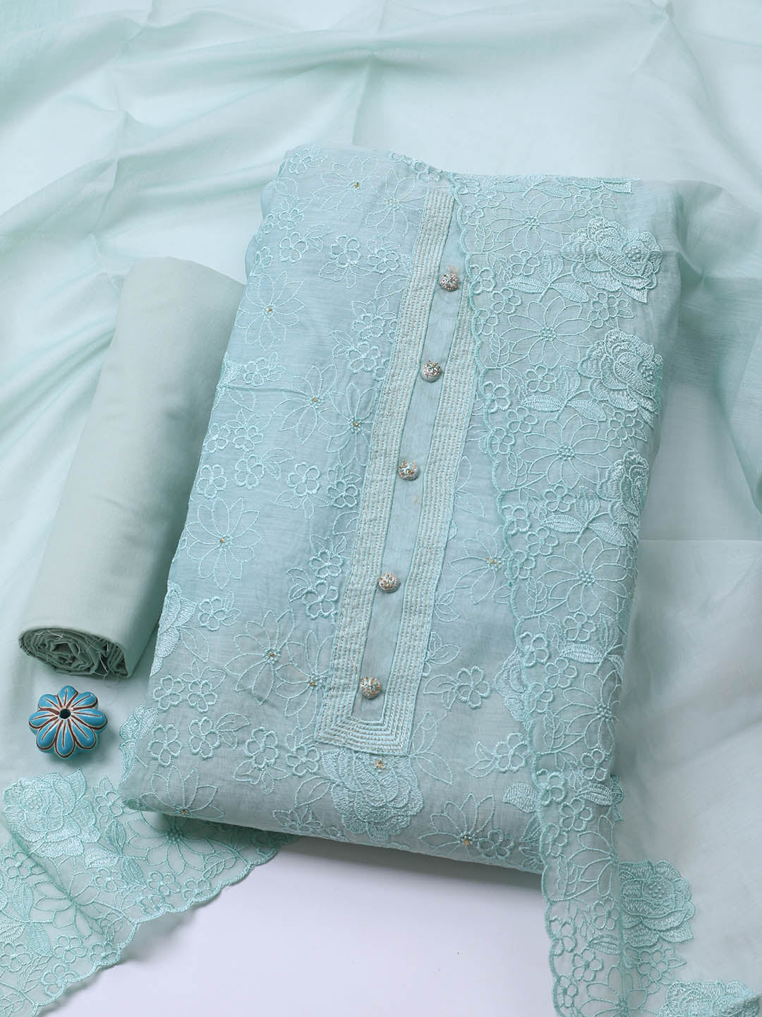 Embroidered Chanderi Unstitched Suit With Dupatta