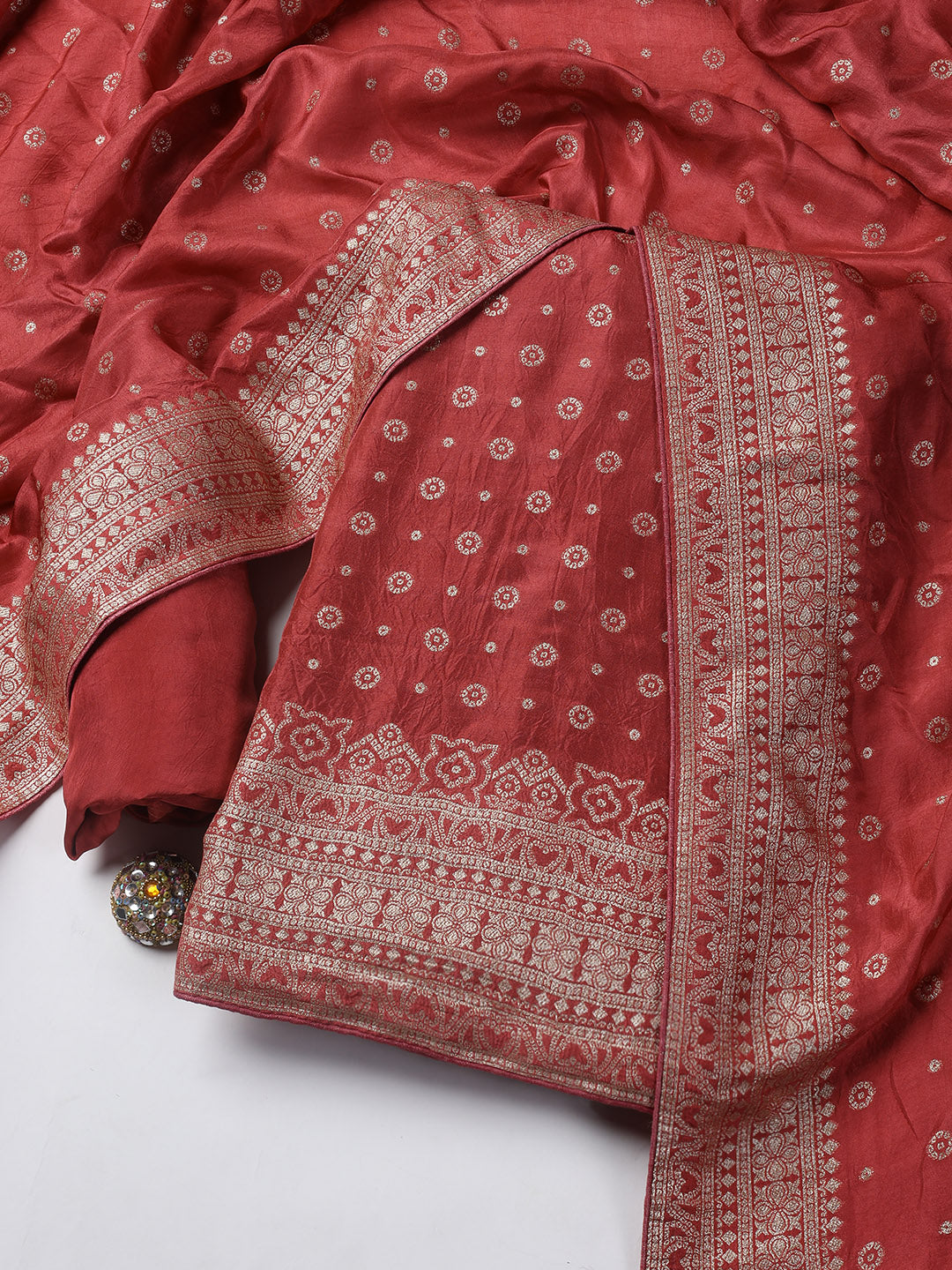 Embroidered Art Silk Unstitched Suit Piece With Dupatta