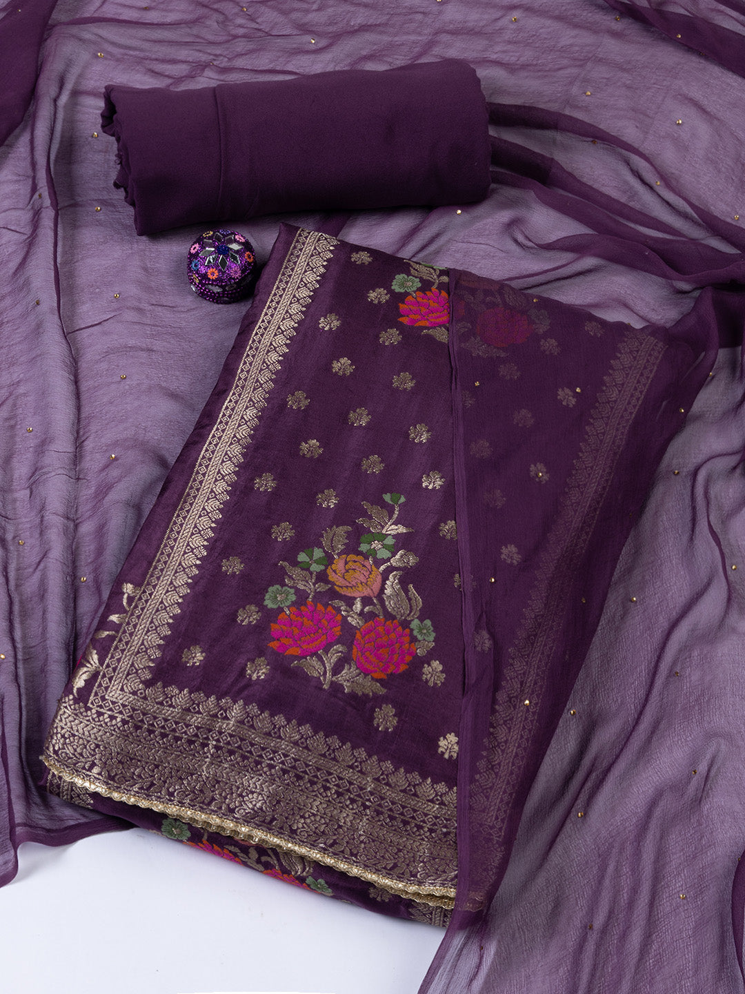 Woven Work Chanderi Unstitched Suit With Dupatta