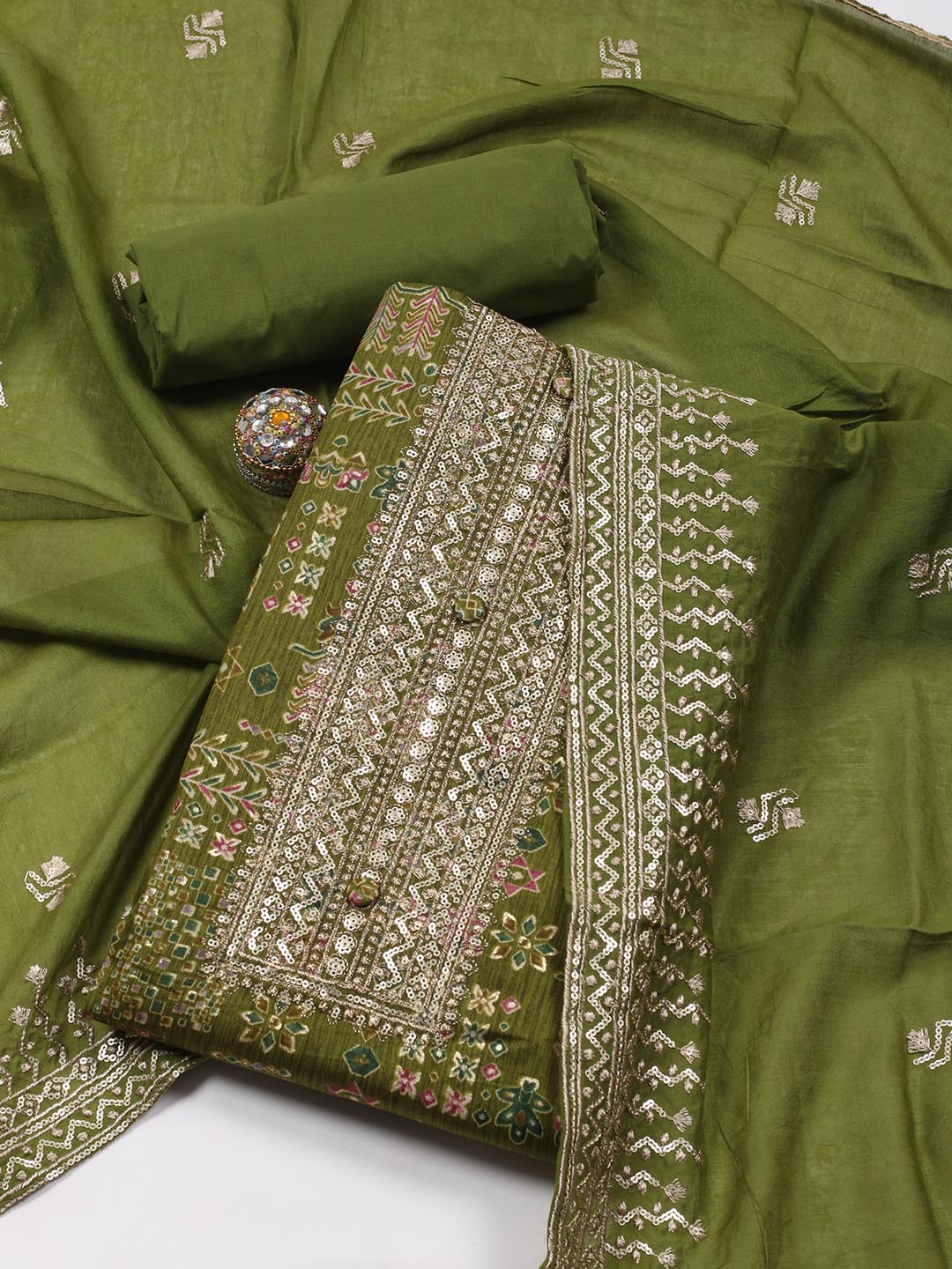 Embroidered Cotton Blend Unstitched Suit Piece With Dupatta