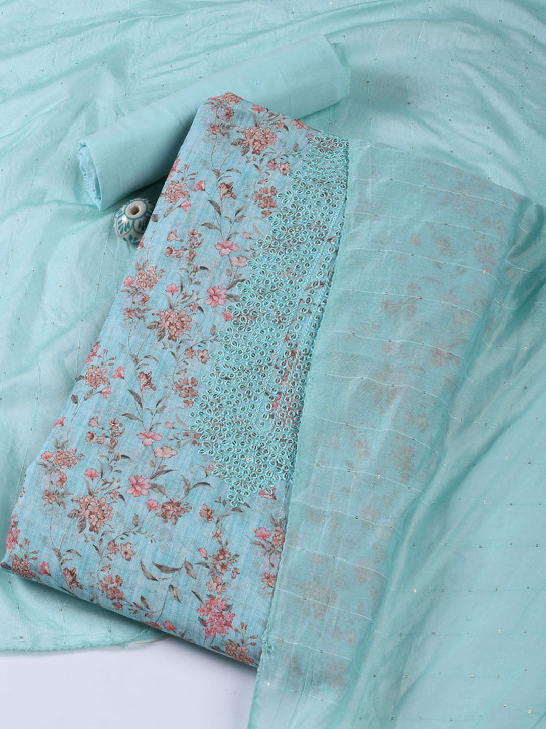 Neck Embroidery Linen Unstitched Suit With Dupatta